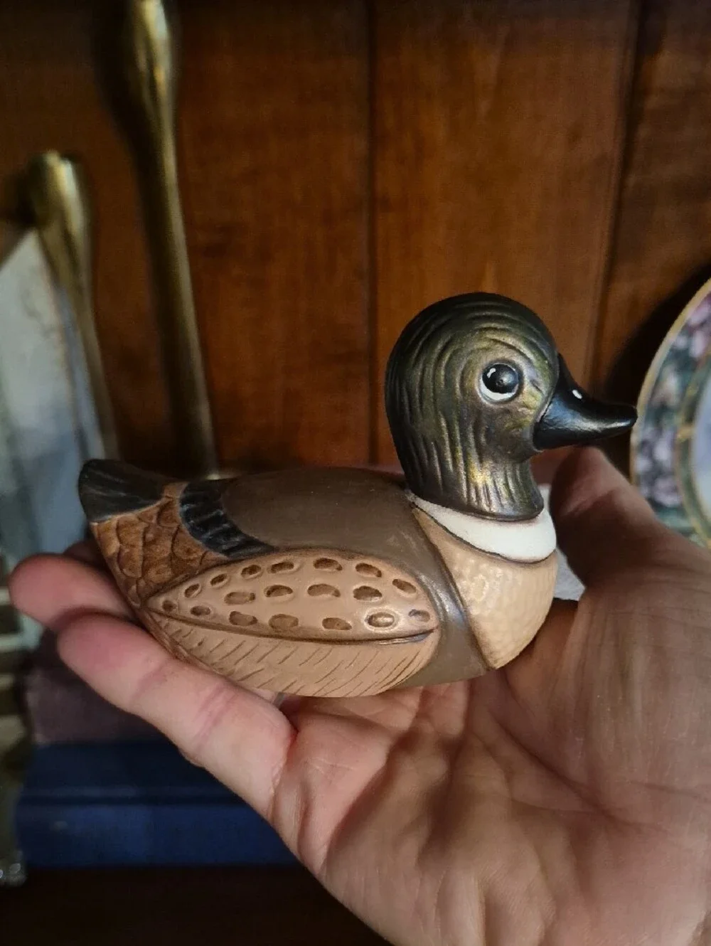 Vintage Ceramic Hand Painted Brown and Green Decorative Duck Pair